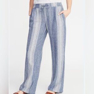 Old Navy Linen Blend Pants Small Tall Blue White Stripe Pull-On Beach Coastal